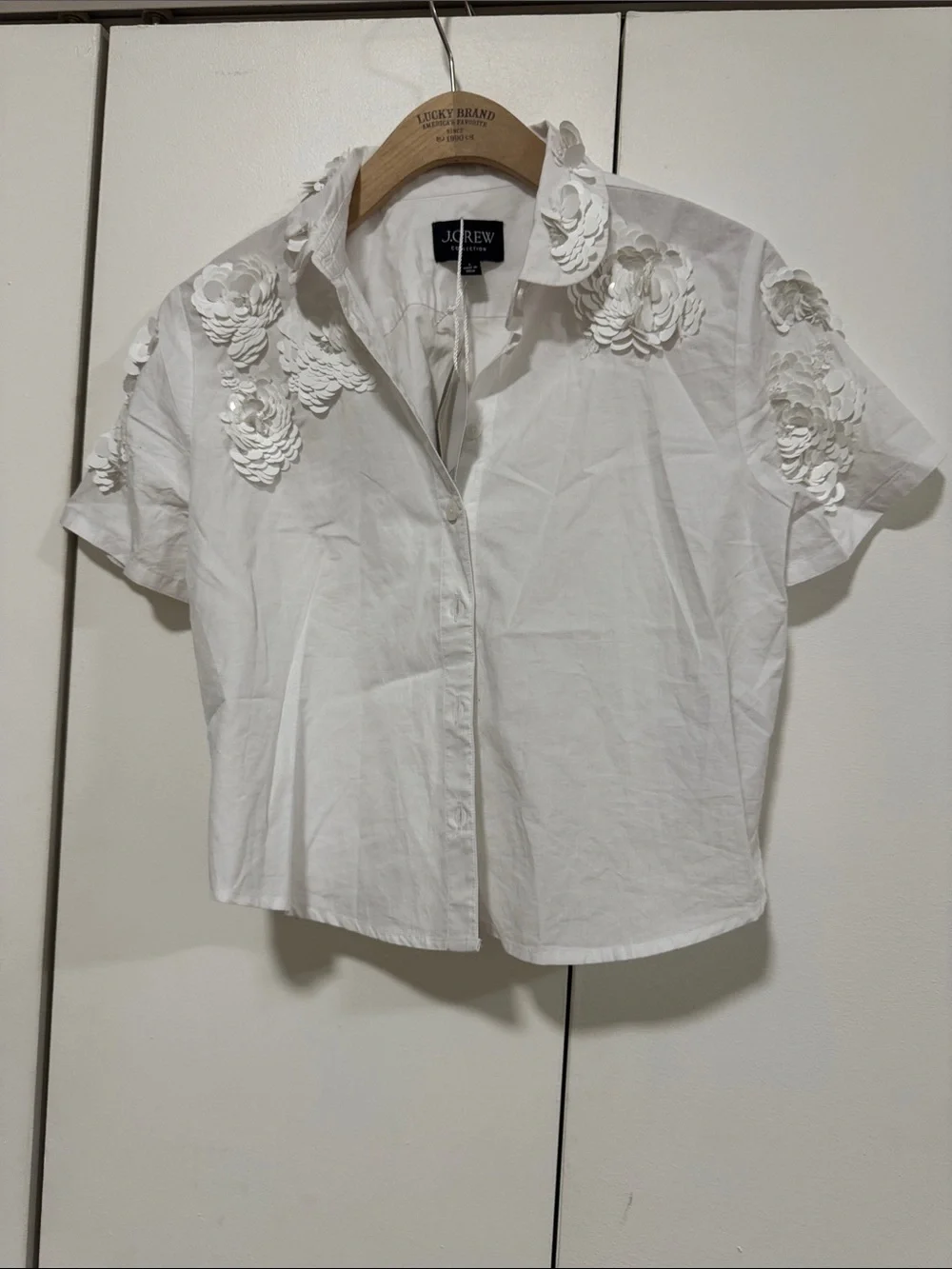 J. Crew White Short-Sleeve Button-Front Shirt with Floral Appliqué